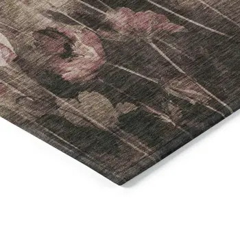 9' X 12' Taupe Brown And Pink Floral Washable Indoor Outdoor Area Rug