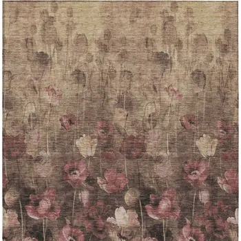 10' X 14' Taupe Brown And Pink Floral Washable Indoor Outdoor Area Rug