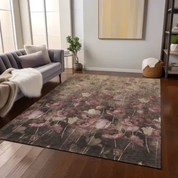 10' X 14' Taupe Brown And Pink Floral Washable Indoor Outdoor Area Rug