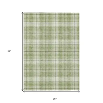 3' X 5' Artichoke Green Brown And Ivory Plaid Washable Indoor Outdoor Area Rug