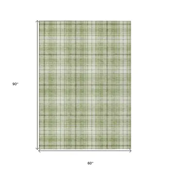 5' X 8' Artichoke Green Brown And Ivory Plaid Washable Indoor Outdoor Area Rug
