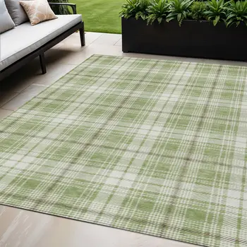 5' X 8' Artichoke Green Brown And Ivory Plaid Washable Indoor Outdoor Area Rug