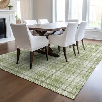 5' X 8' Artichoke Green Brown And Ivory Plaid Washable Indoor Outdoor Area Rug