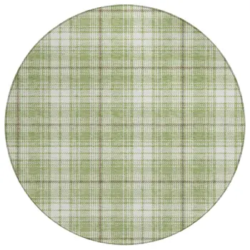 8' Artichoke Green Brown And Ivory Round Plaid Washable Indoor Outdoor Area Rug