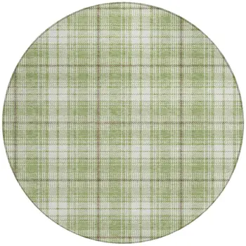 8' Artichoke Green Brown And Ivory Round Plaid Washable Indoor Outdoor Area Rug