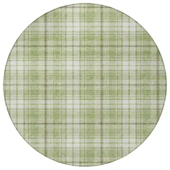 8' Artichoke Green Brown And Ivory Round Plaid Washable Indoor Outdoor Area Rug