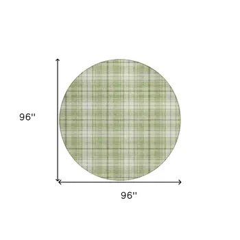8' Artichoke Green Brown And Ivory Round Plaid Washable Indoor Outdoor Area Rug
