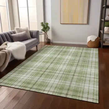 8' X 10' Artichoke Green Brown And Ivory Plaid Washable Indoor Outdoor Area Rug