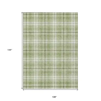 9' X 12' Artichoke Green Brown And Ivory Plaid Washable Indoor Outdoor Area Rug
