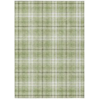 9' X 12' Artichoke Green Brown And Ivory Plaid Washable Indoor Outdoor Area Rug