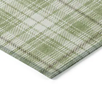 9' X 12' Artichoke Green Brown And Ivory Plaid Washable Indoor Outdoor Area Rug