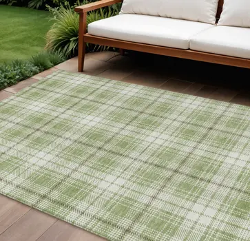 10' X 14' Artichoke Green Brown And Ivory Plaid Washable Indoor Outdoor Area Rug
