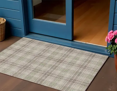 3' X 5' Beige Ivory And Green Plaid Washable Indoor Outdoor Area Rug