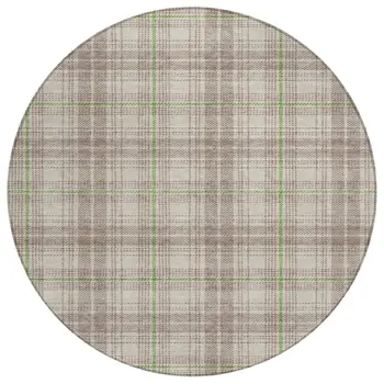 8' Beige Ivory And Green Round Plaid Washable Indoor Outdoor Area Rug