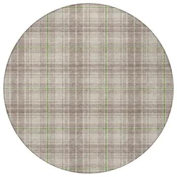 8' Beige Ivory And Green Round Plaid Washable Indoor Outdoor Area Rug