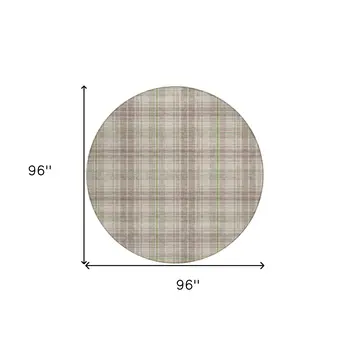8' Beige Ivory And Green Round Plaid Washable Indoor Outdoor Area Rug