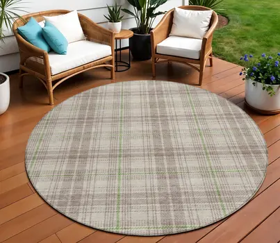 8' Beige Ivory And Green Round Plaid Washable Indoor Outdoor Area Rug