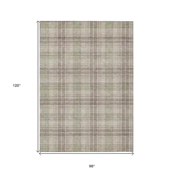 8' X 10' Beige Ivory And Green Plaid Washable Indoor Outdoor Area Rug