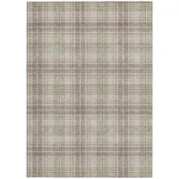 8' X 10' Beige Ivory And Green Plaid Washable Indoor Outdoor Area Rug