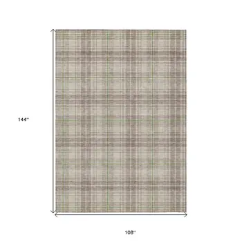9' X 12' Beige Ivory And Green Plaid Washable Indoor Outdoor Area Rug