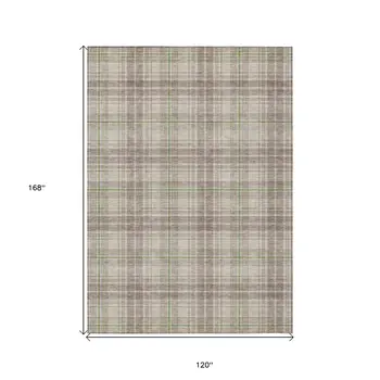 10' X 14' Beige Ivory And Green Plaid Washable Indoor Outdoor Area Rug