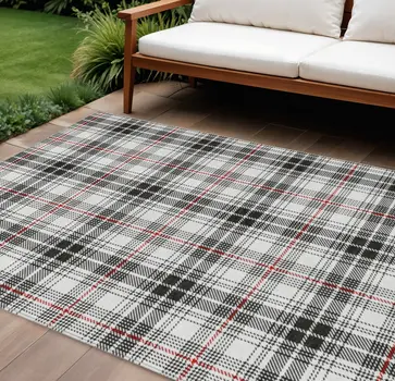 8' X 10' Black Ivory And Red Plaid Washable Indoor Outdoor Area Rug