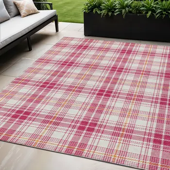 5' X 8' Blush Ivory And Copper Plaid Washable Indoor Outdoor Area Rug