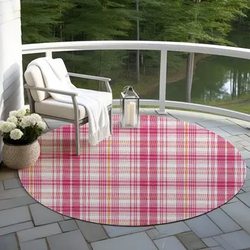 8' Blush Ivory And Copper Round Plaid Washable Indoor Outdoor Area Rug