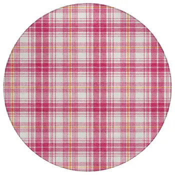 8' Blush Ivory And Copper Round Plaid Washable Indoor Outdoor Area Rug