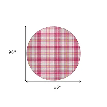 8' Blush Ivory And Copper Round Plaid Washable Indoor Outdoor Area Rug