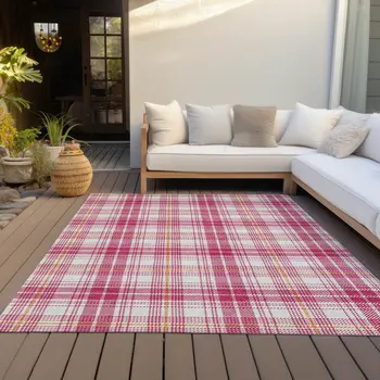 10' X 14' Blush Ivory And Copper Plaid Washable Indoor Outdoor Area Rug