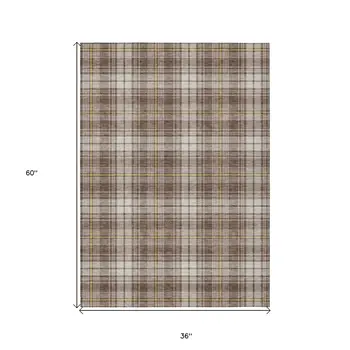 3' X 5' Brown Beige And Gold Plaid Washable Indoor Outdoor Area Rug