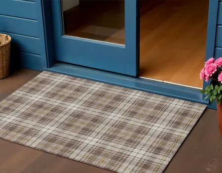 3' X 5' Brown Beige And Gold Plaid Washable Indoor Outdoor Area Rug