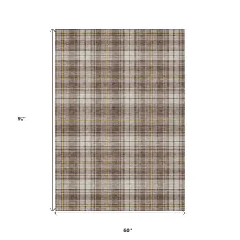 5' X 8' Brown Beige And Gold Plaid Washable Indoor Outdoor Area Rug