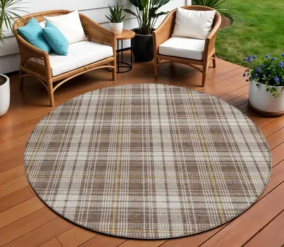 8' Brown Beige And Gold Round Plaid Washable Indoor Outdoor Area Rug