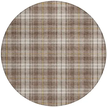 8' Brown Beige And Gold Round Plaid Washable Indoor Outdoor Area Rug
