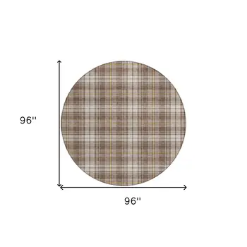 8' Brown Beige And Gold Round Plaid Washable Indoor Outdoor Area Rug