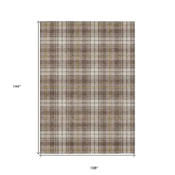 9' X 12' Brown Beige And Gold Plaid Washable Indoor Outdoor Area Rug