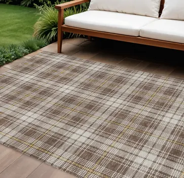 9' X 12' Brown Beige And Gold Plaid Washable Indoor Outdoor Area Rug