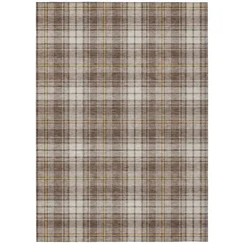 10' X 14' Brown Beige And Gold Plaid Washable Indoor Outdoor Area Rug