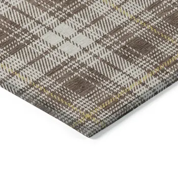 10' X 14' Brown Beige And Gold Plaid Washable Indoor Outdoor Area Rug