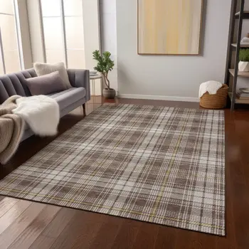 10' X 14' Brown Beige And Gold Plaid Washable Indoor Outdoor Area Rug