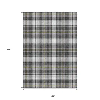 3' X 5' Charcoal Ivory And Gold Plaid Washable Indoor Outdoor Area Rug