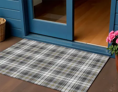 3' X 5' Charcoal Ivory And Gold Plaid Washable Indoor Outdoor Area Rug