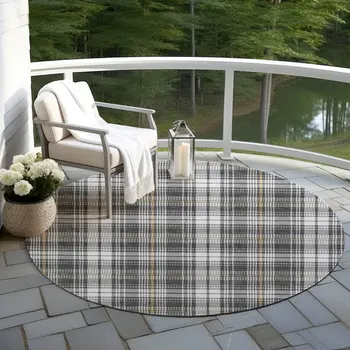 8' Charcoal Ivory And Gold Round Plaid Washable Indoor Outdoor Area Rug