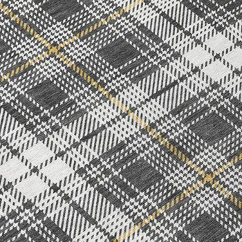 8' Charcoal Ivory And Gold Round Plaid Washable Indoor Outdoor Area Rug