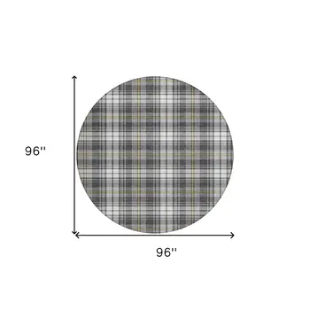8' Charcoal Ivory And Gold Round Plaid Washable Indoor Outdoor Area Rug
