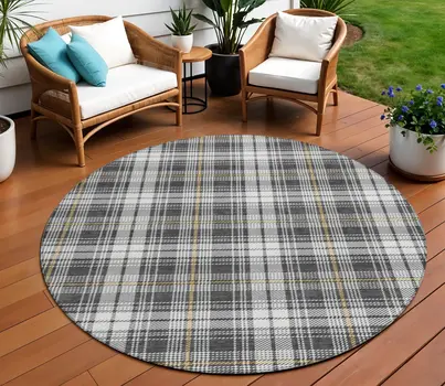 8' Charcoal Ivory And Gold Round Plaid Washable Indoor Outdoor Area Rug