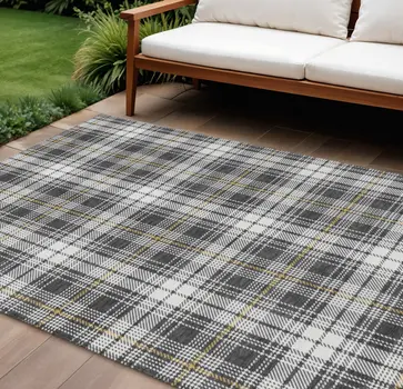 9' X 12' Charcoal Ivory And Gold Plaid Washable Indoor Outdoor Area Rug