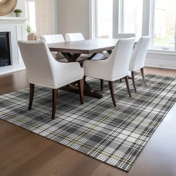 10' X 14' Charcoal Ivory And Gold Plaid Washable Indoor Outdoor Area Rug